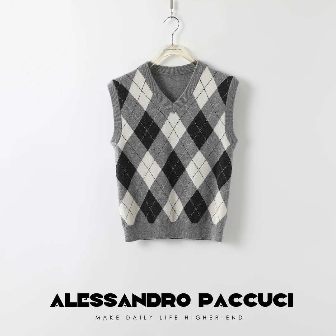 AP洛哥24543X 灰色系100山羊绒V领菱格嵌花手作时尚休闲马甲