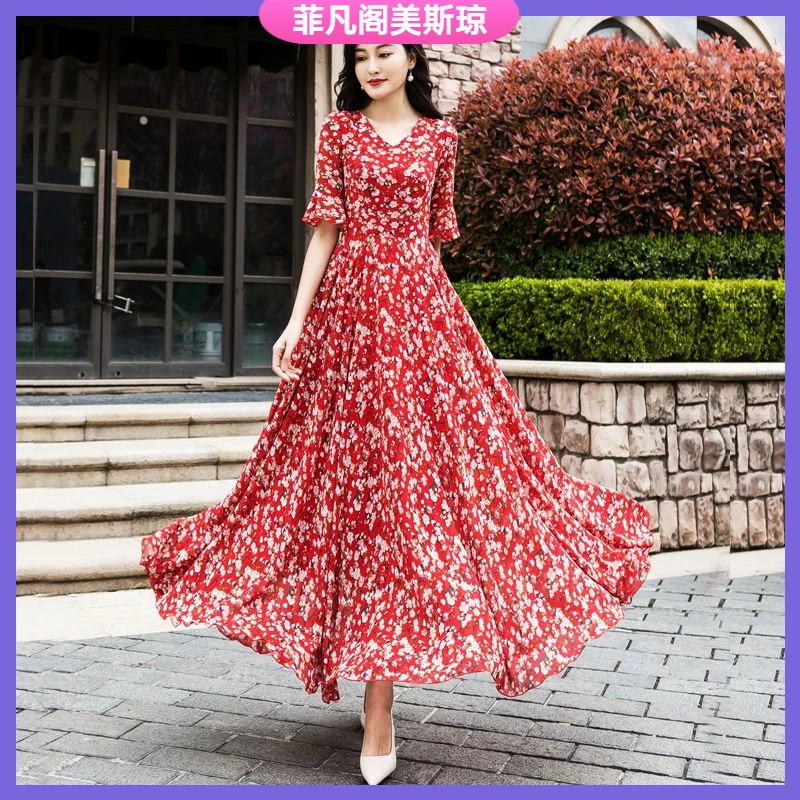 I大摆裙夏新款中长款收腰显瘦连衣裙女大码裙V领短袖碎花长裙l