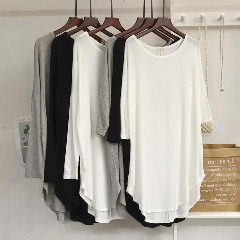 莫代尔短袖t恤女士春夏薄款不规则打底衫宽松中长款半袖上衣