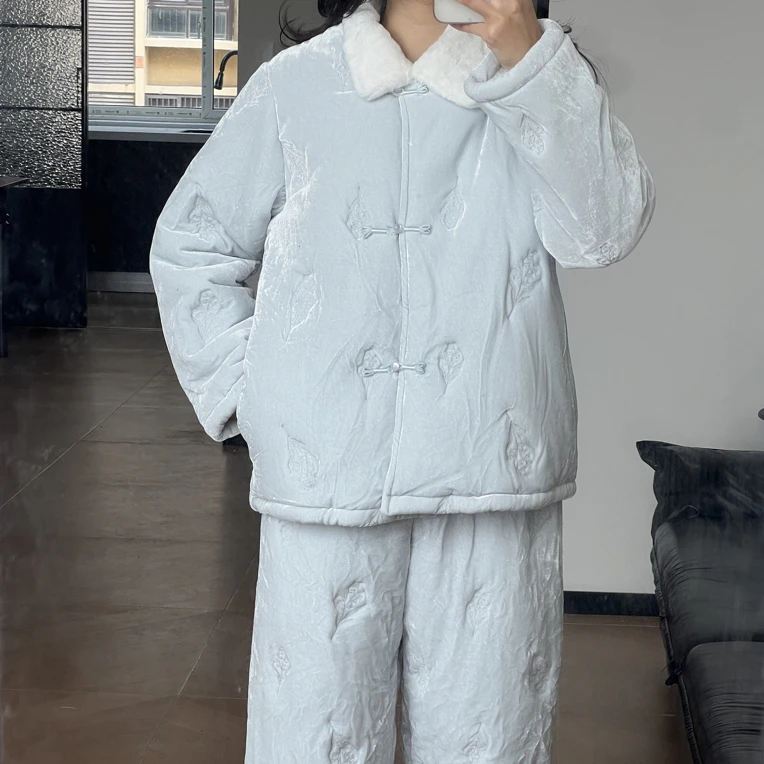 [国风]冬季新款三层夹棉加绒加厚新中式可外穿家居服套装睡衣女