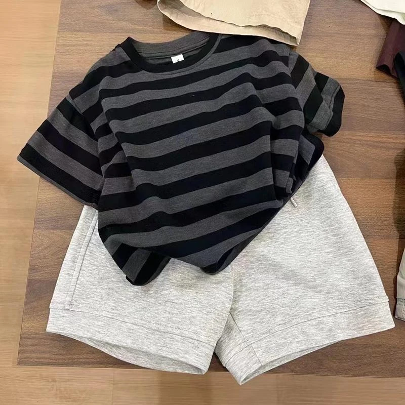 韩国童装男童夏装t恤短袖儿童洋气条纹时髦休闲女童宽松上衣夏季