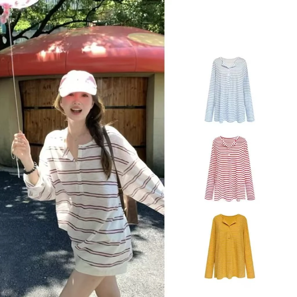 松弛感宽松慵懒条纹长袖防晒衣半开领休闲T恤气质百搭上衣女F10