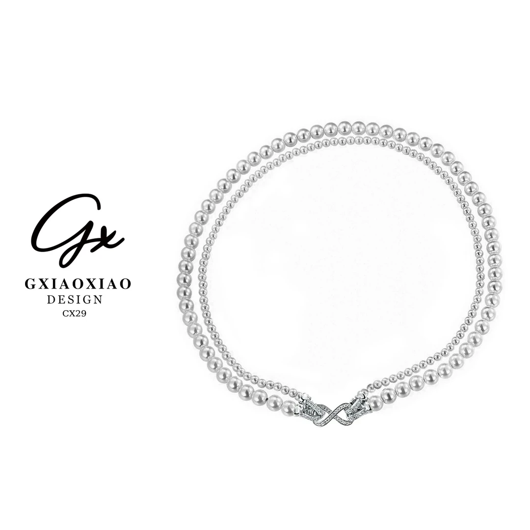 吊坠925银仿珍珠 GXX 【欧若拉】 双层纽结交错螺旋项链 CX29