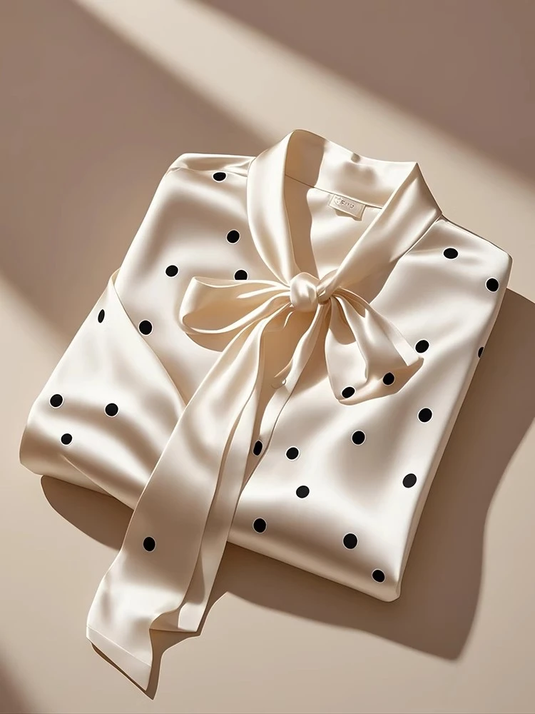 氛围感穿搭今年流行气质上衣独特超好看白色波点系带缎面衬衫春季