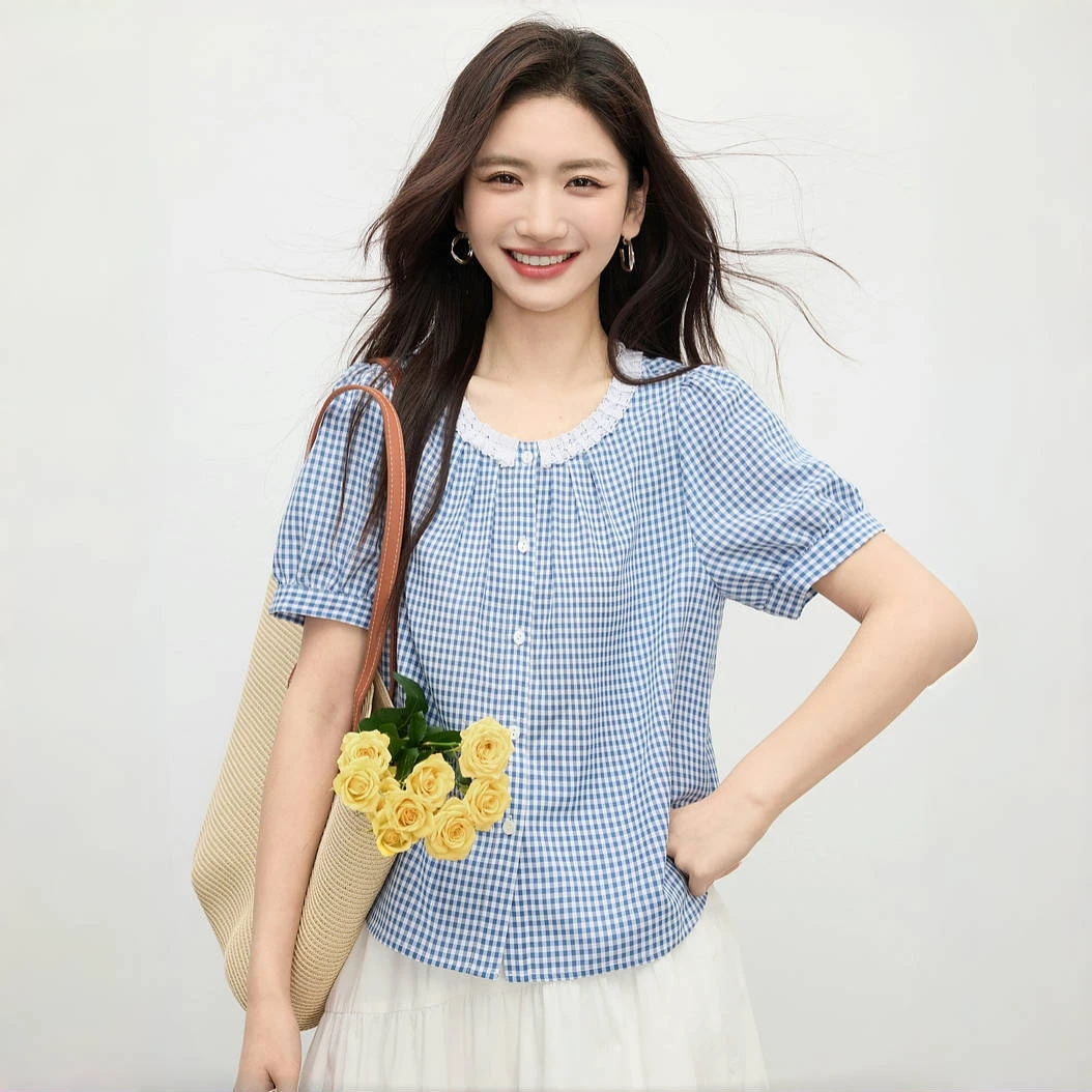 盐系穿搭蓝色格子衬衫女2025夏季新款撞色花边领泡泡袖上衣