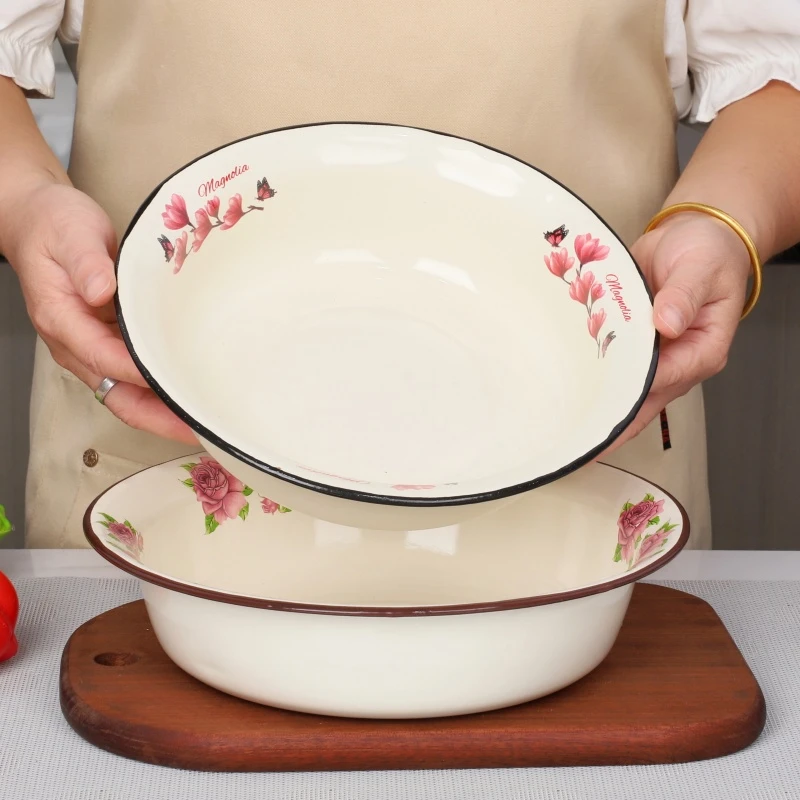 加厚搪瓷手抓碗平边盆多用搪瓷碗龙虾小盆浅汤盆面碗怀旧餐厅菜盆