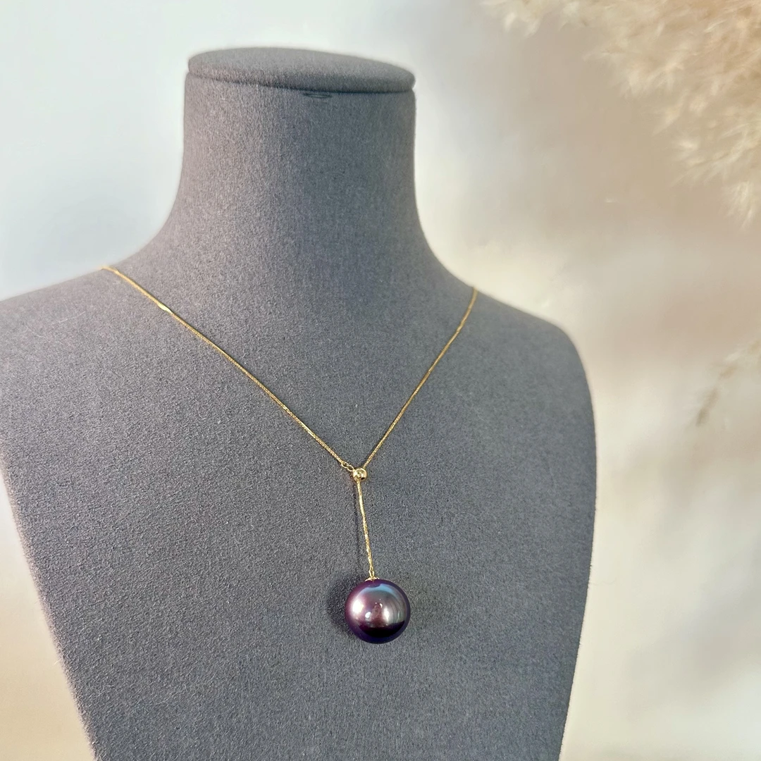 蓝莓紫炫彩正圆天然紫色珍珠吊坠18k金经典气质Y字可调节锁骨项链
