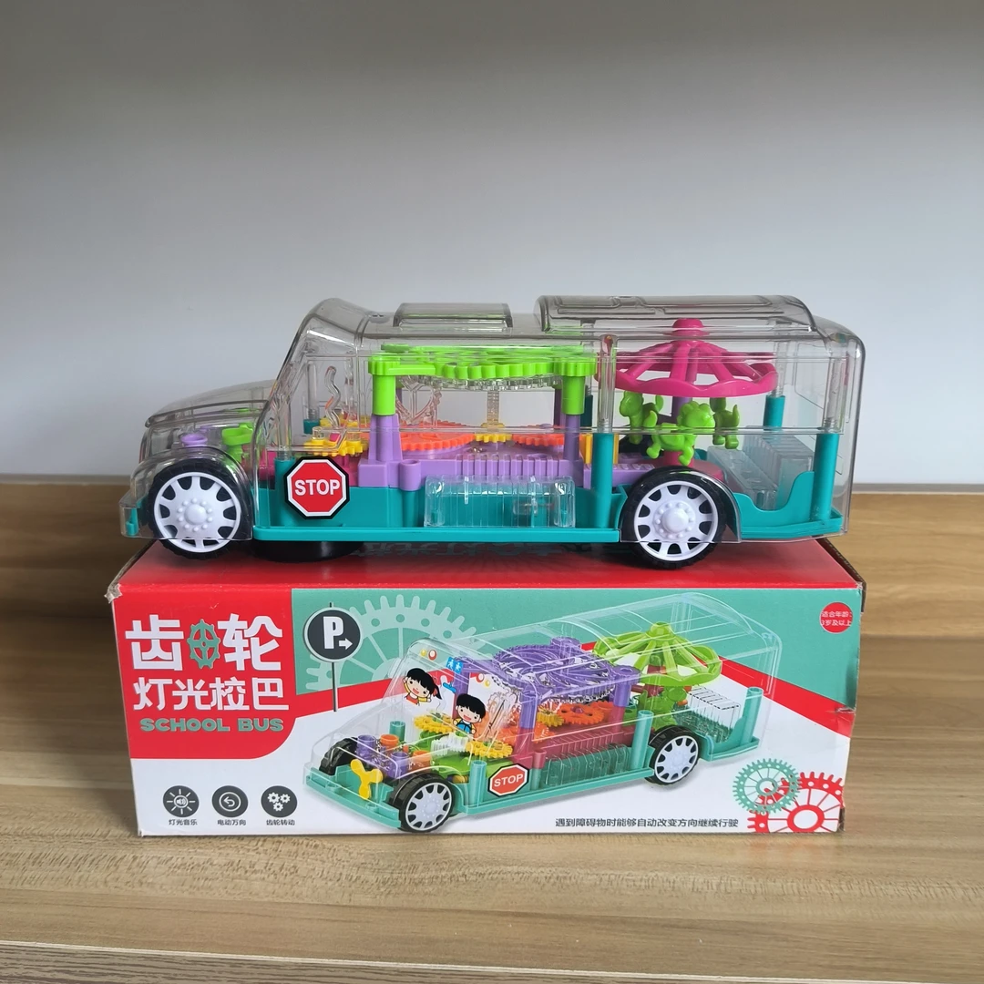 校车巴士透明齿轮概念车儿童玩具车电动音乐灯光万向概念车