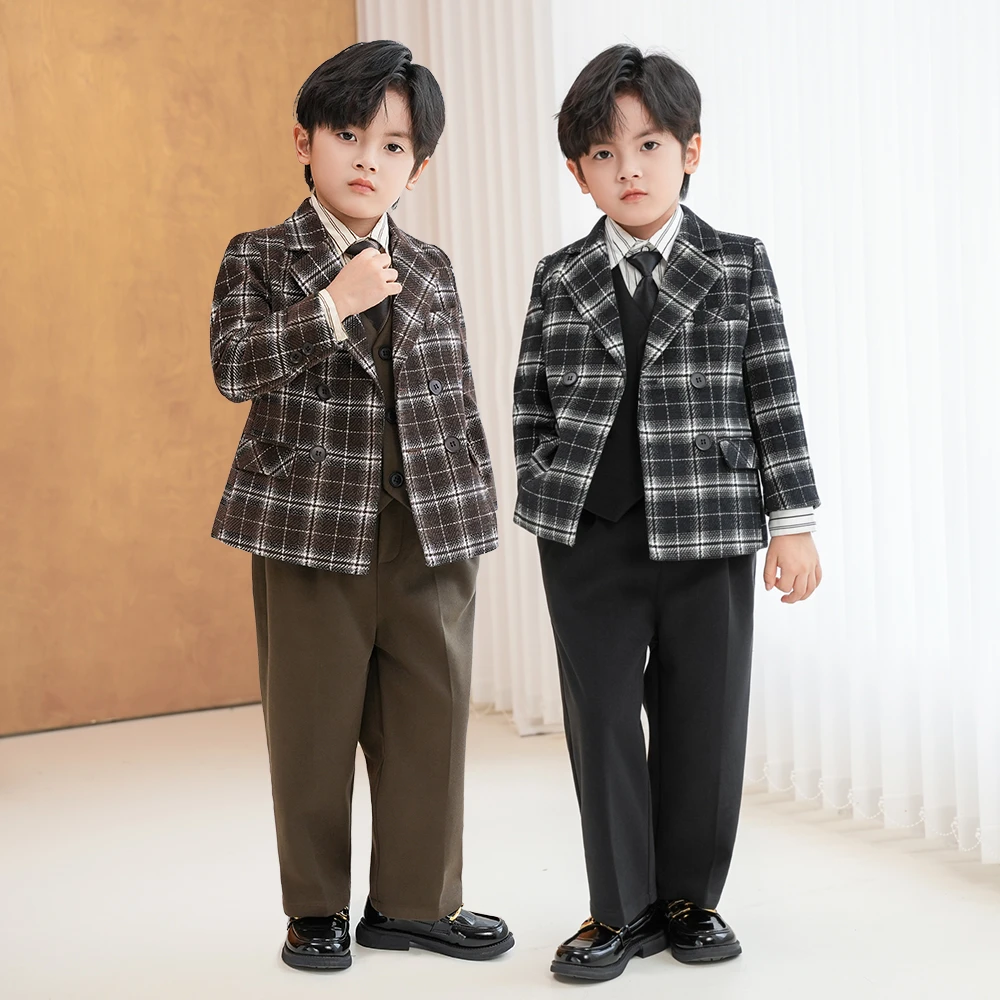 【萝卜呗呗】西装套装冬季新款加厚英伦格子小西服外套周岁宝宝服装