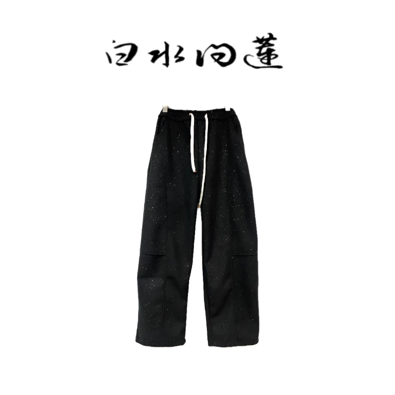 2025春季新款时尚亮片星空红色百搭休闲裤加厚宽松阔腿毛呢香蕉裤