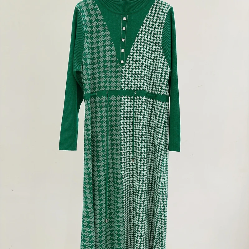 9171绿色千鸟格羊毛气质设计师秋冬长款轻奢针织连衣裙