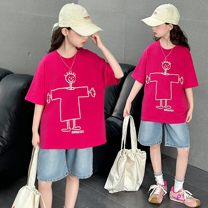 女童短袖T恤套装夏季新款薄款牛仔短袖夏季儿童洋气短裤两件套