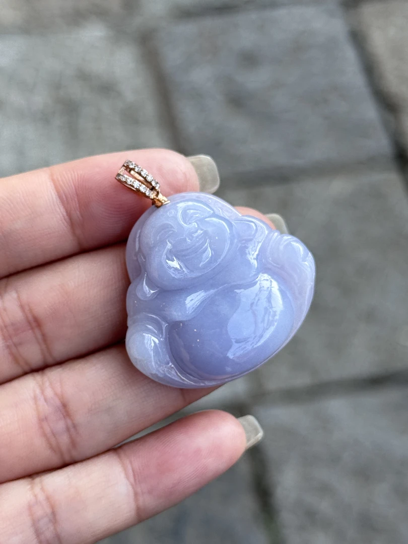 天然A货缅甸翡翠18K冰润浓紫色满紫佛公厚装毛衣链31.8x34.6x7.7