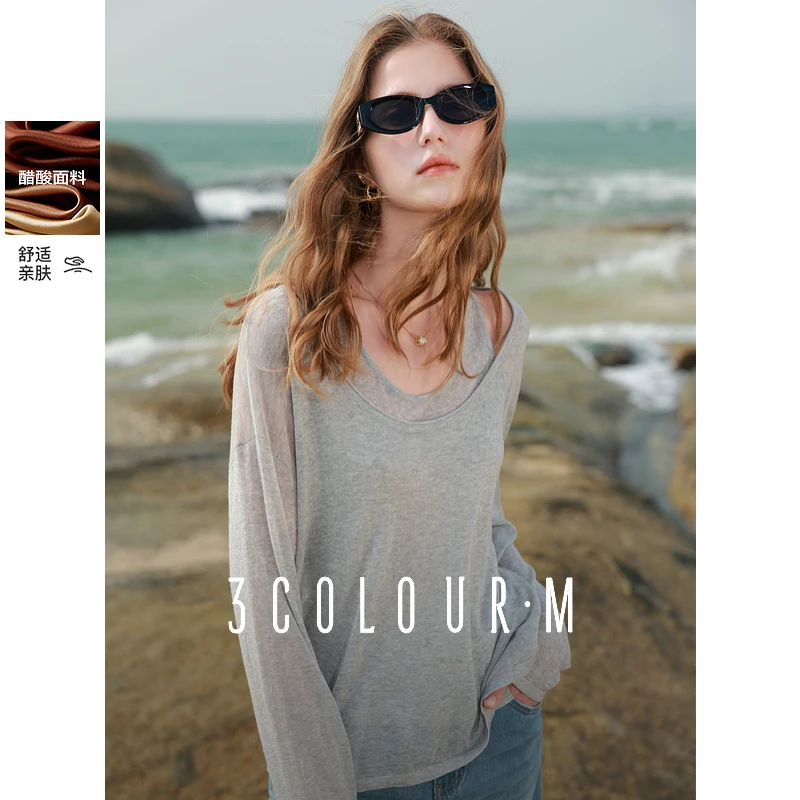 【达人专属】三彩2025春季新款假两件针织衫圆领长袖落肩罩衫dbq