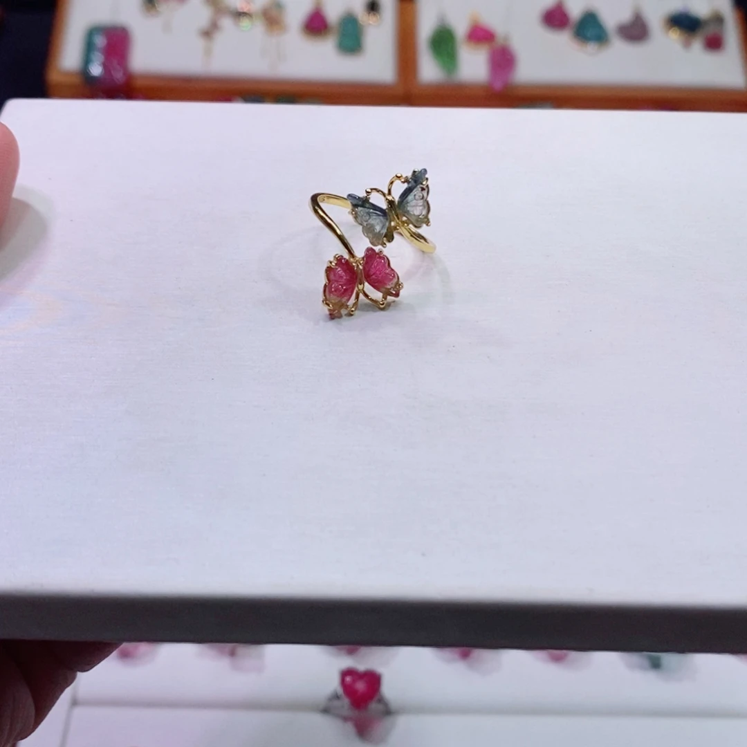 蝴蝶戒指m银S925镶嵌碧玺