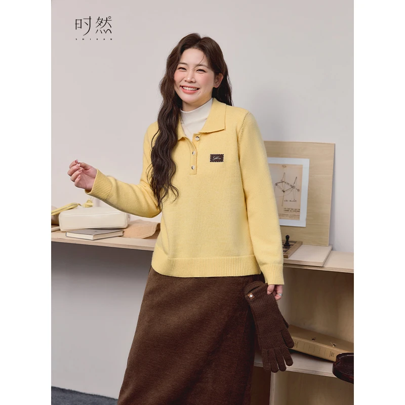 时然微胖大码女装冬款显瘦毛衣polo领百搭上衣保暖慵懒风针织衫