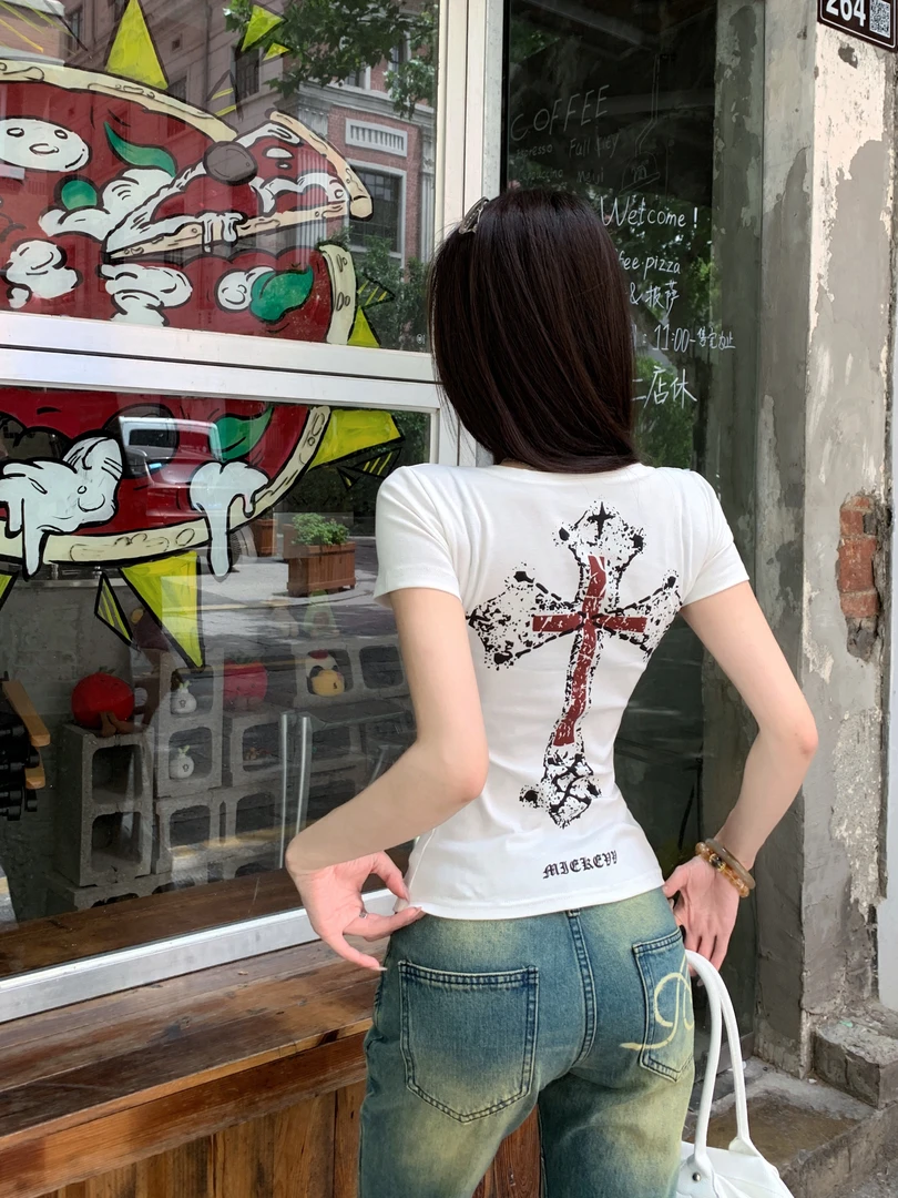 美式辣妹十字架印花正肩短袖T恤小众百搭基础款修身收腰V领上衣