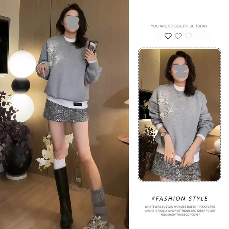 灰色重工钉珠卫衣女2025秋季新款休闲百搭小个子打底美式重磅上衣
