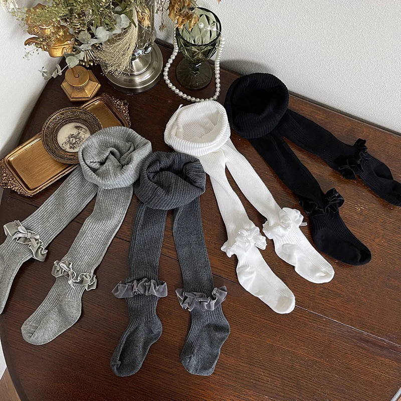 2025秋季新品植绒花边蝴蝶结可爱韩系女儿童宝宝学生打底裤袜百搭