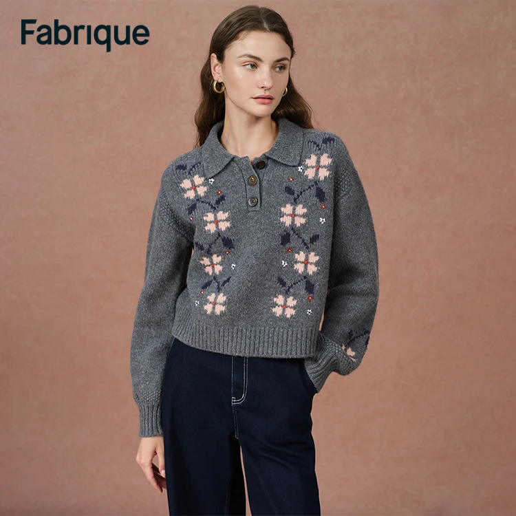 Fabrique Fika 秋冬新品四叶草刺绣亲肤柔软绵羊毛Polo领针织毛衣