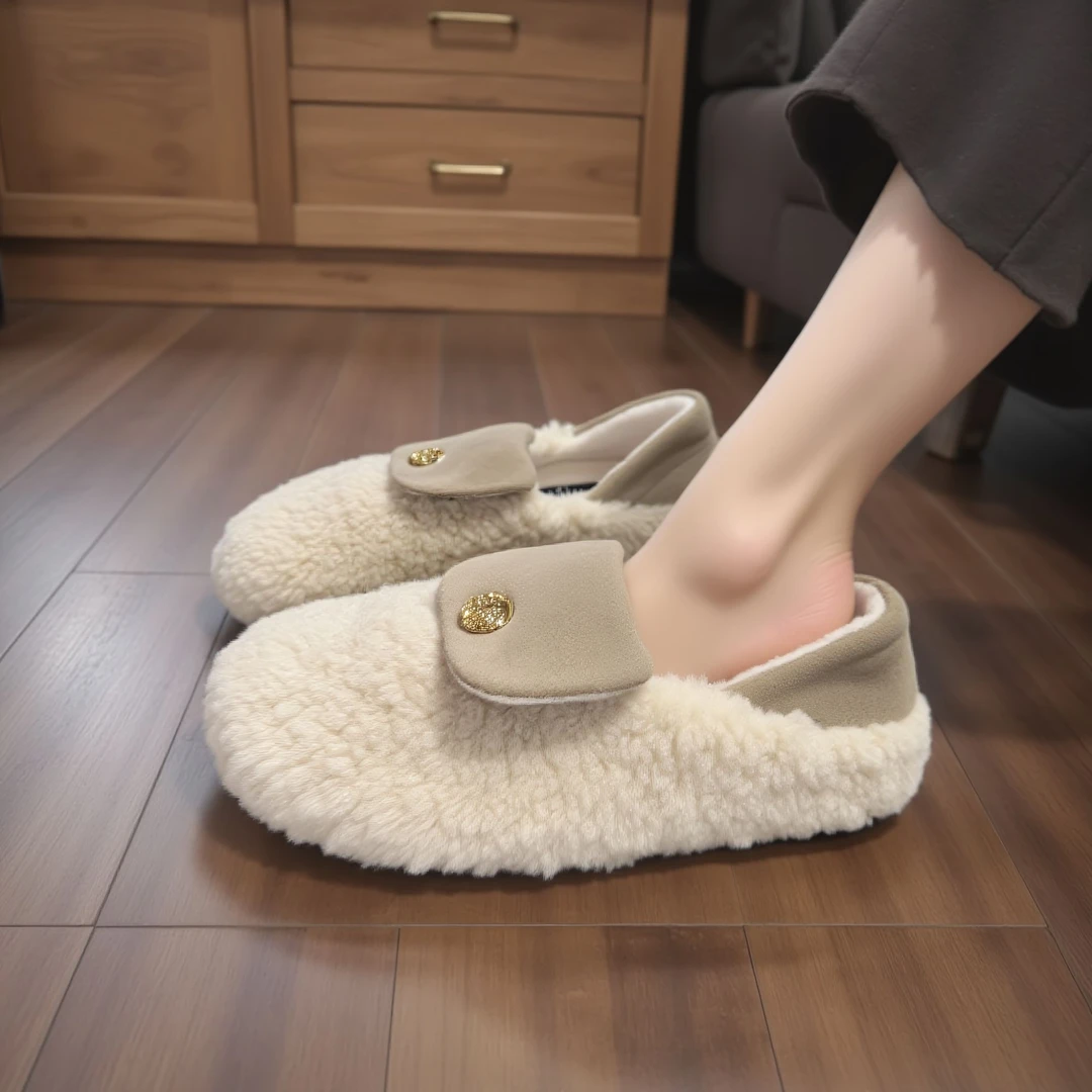 羊羔绒毛毛鞋女平底圆头加绒洋气小香风一脚蹬踩跟单鞋外穿棉鞋