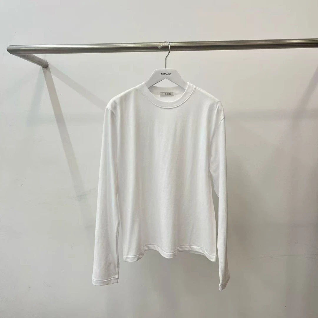 秋原瞳-百搭圆领女士长袖T恤长袖女落肩袖宽松型日韩白色打底