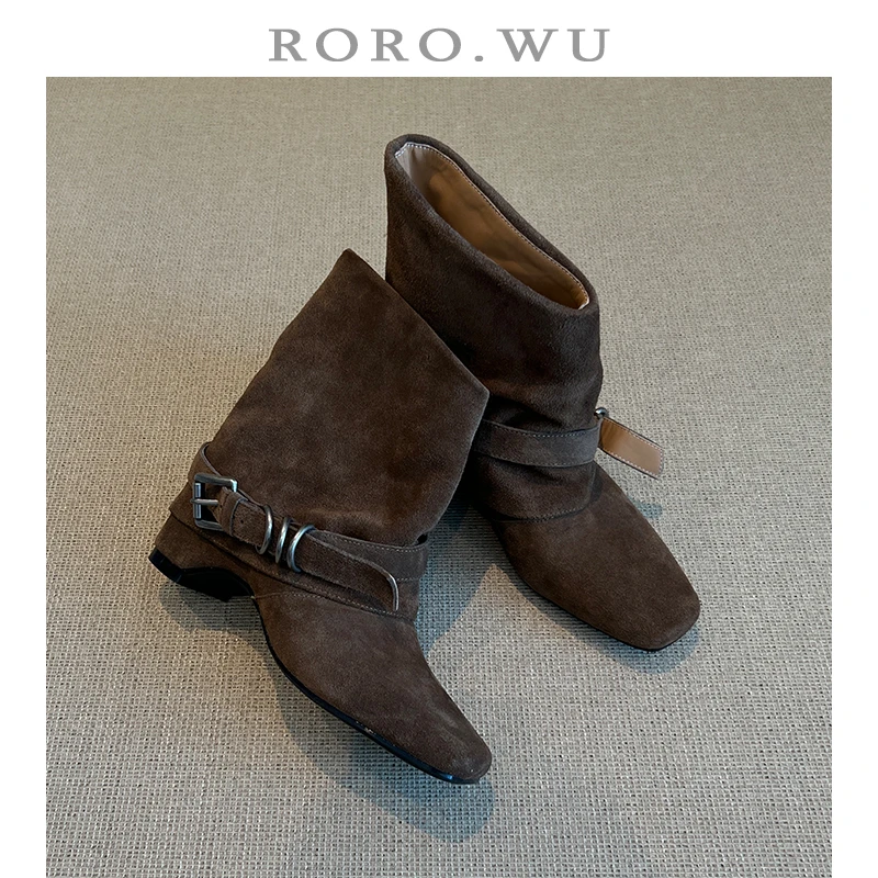 娆娆吴·牛皮方头2025秋冬新款内增高气质高跟短筒牛仔靴X340
