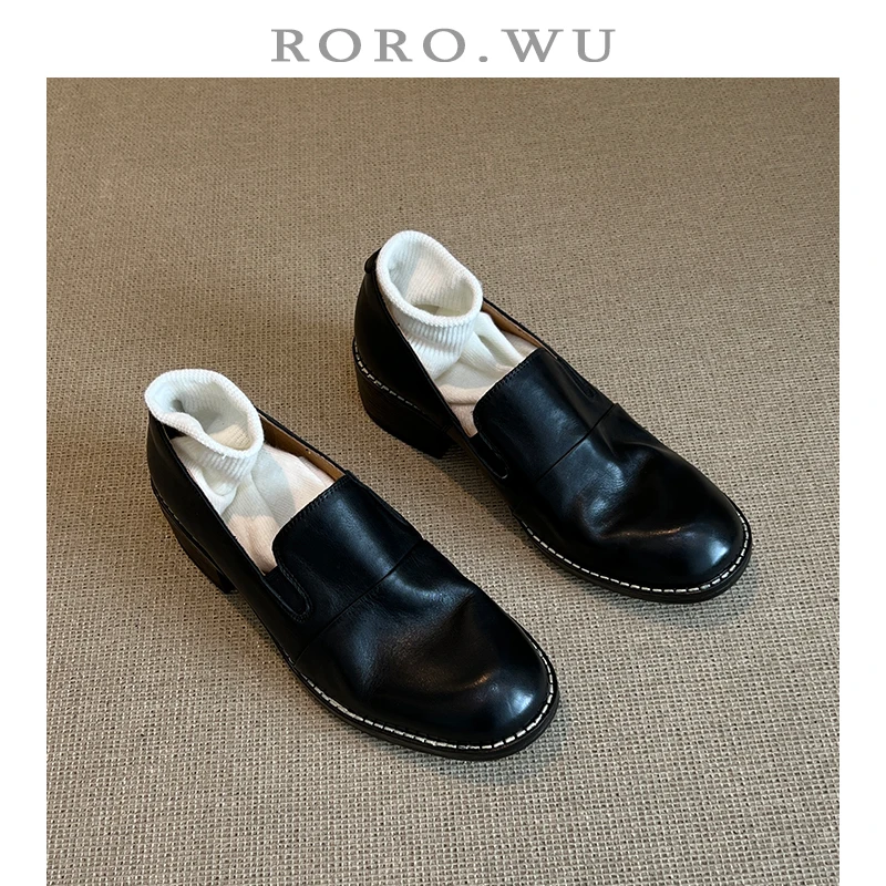 娆娆吴·头层牛皮复古粗跟高级中性百搭日常通勤小皮鞋单鞋D924