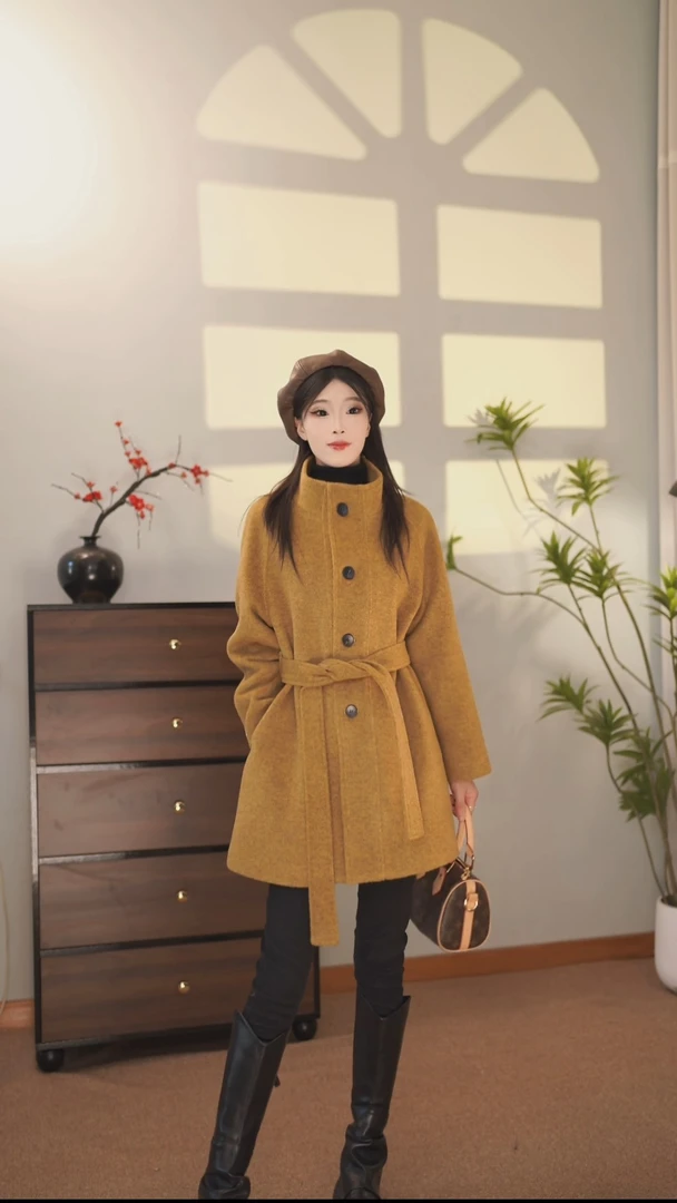 立领小个子秋冬加棉高级感洋气百搭时尚收腰毛呢大衣