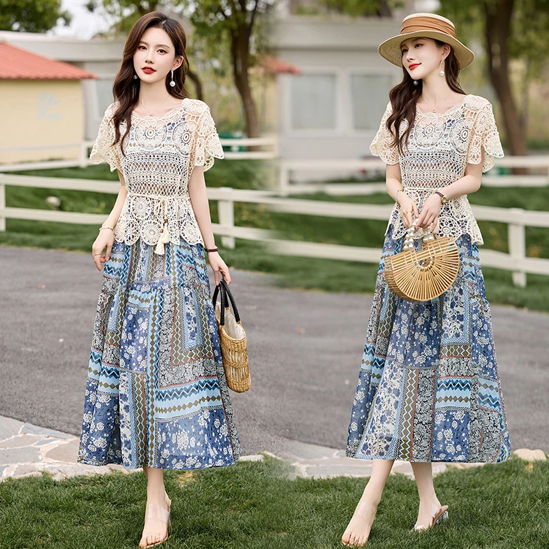 法式镂空针织罩衫套装裙女2025夏季新款休闲时尚碎花吊带裙两件套