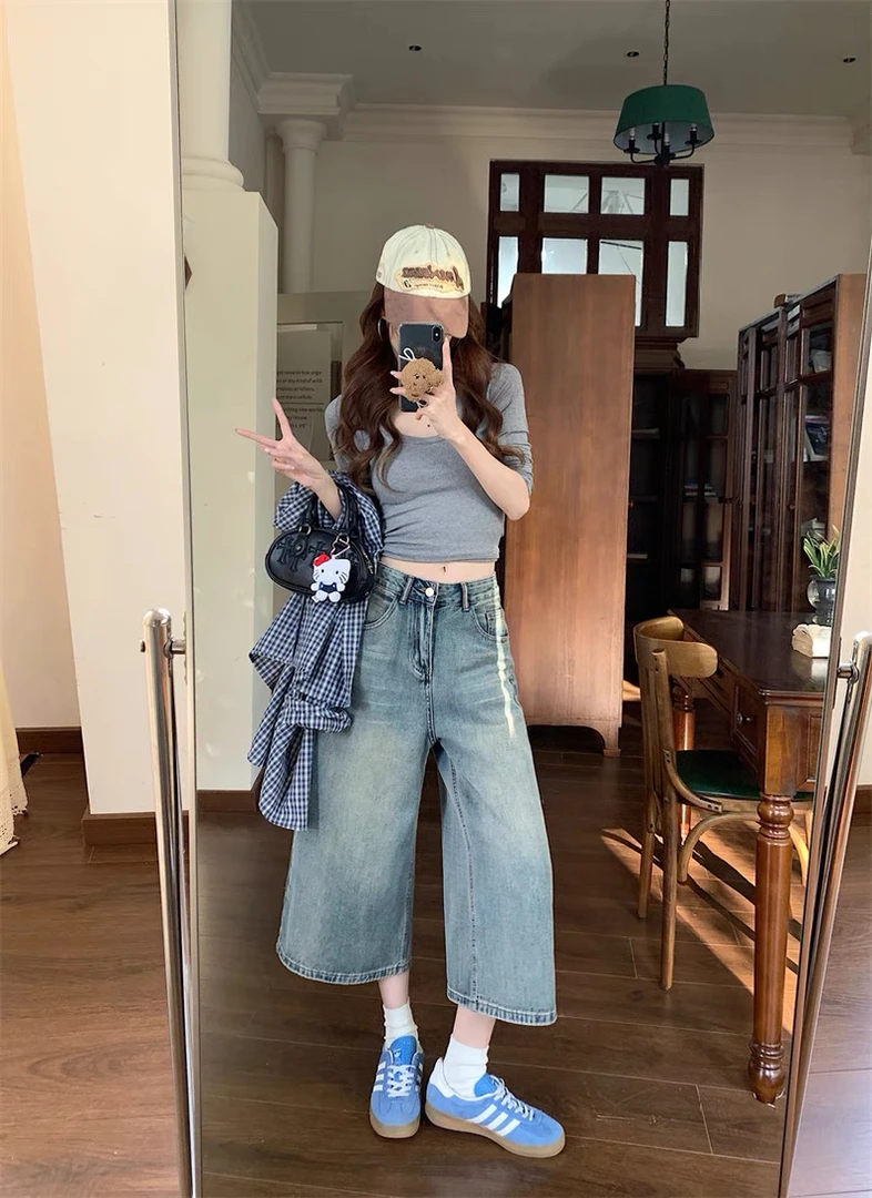 韩版复古水系八分牛仔裤女2025夏季新款高腰直筒阔腿裤中裤八分裤