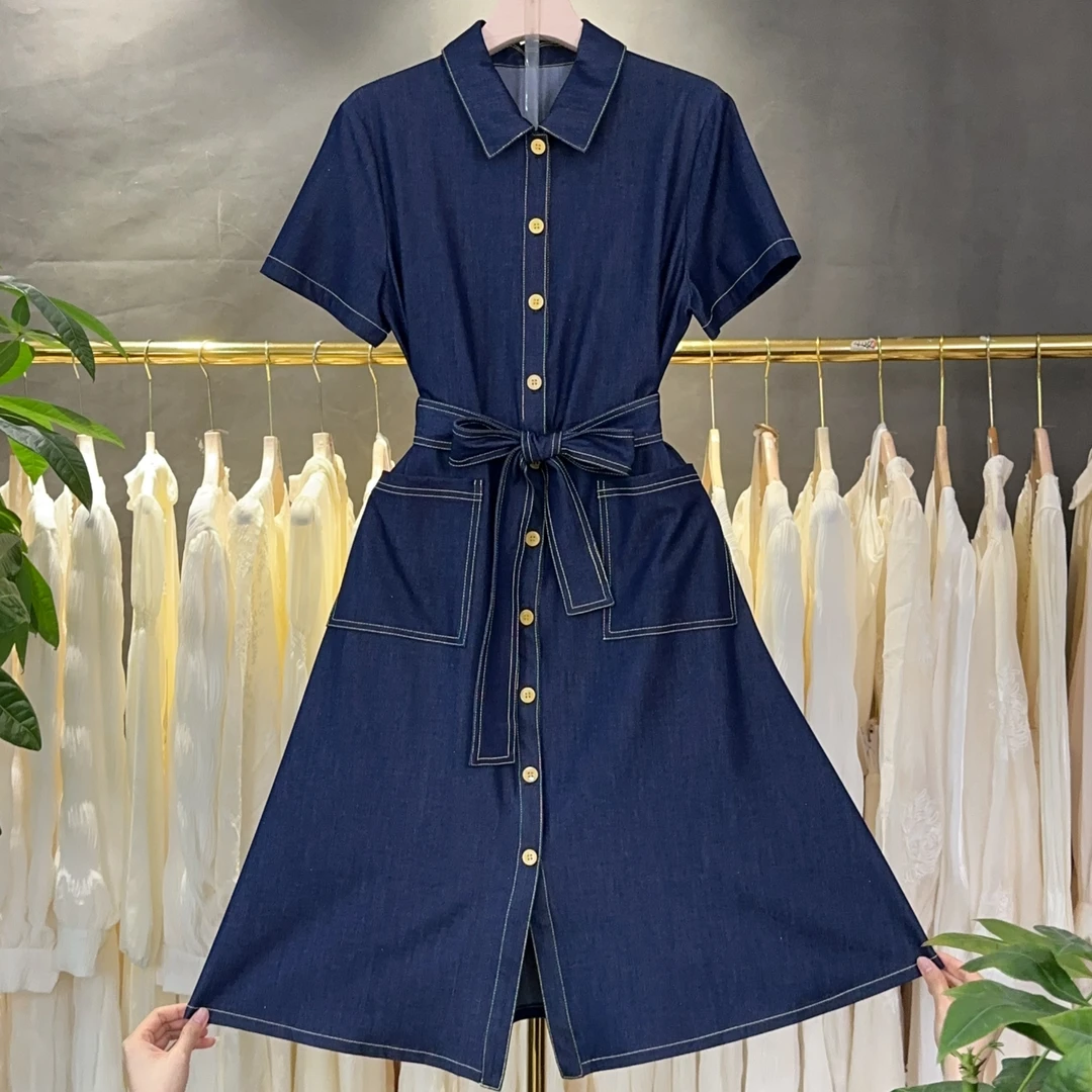 A572 POLO领通勤短袖仿牛仔连衣裙新款夏季收腰显瘦薄款衬衫裙