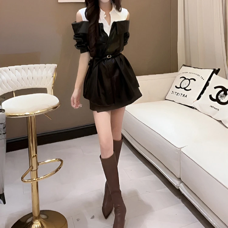 春秋新款漂亮小套装女假两件露肩衬衫上衣咖色半身裙裤两件套装