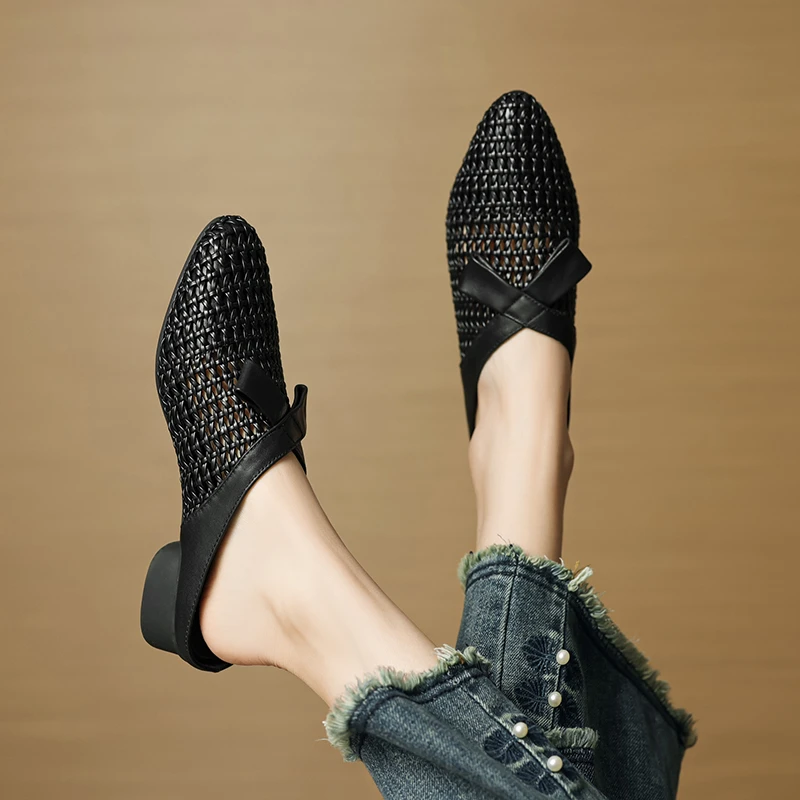 刘叨叨 跟高3CM夏季真皮镂空时尚百搭半拖低跟平底圆头包头凉拖女