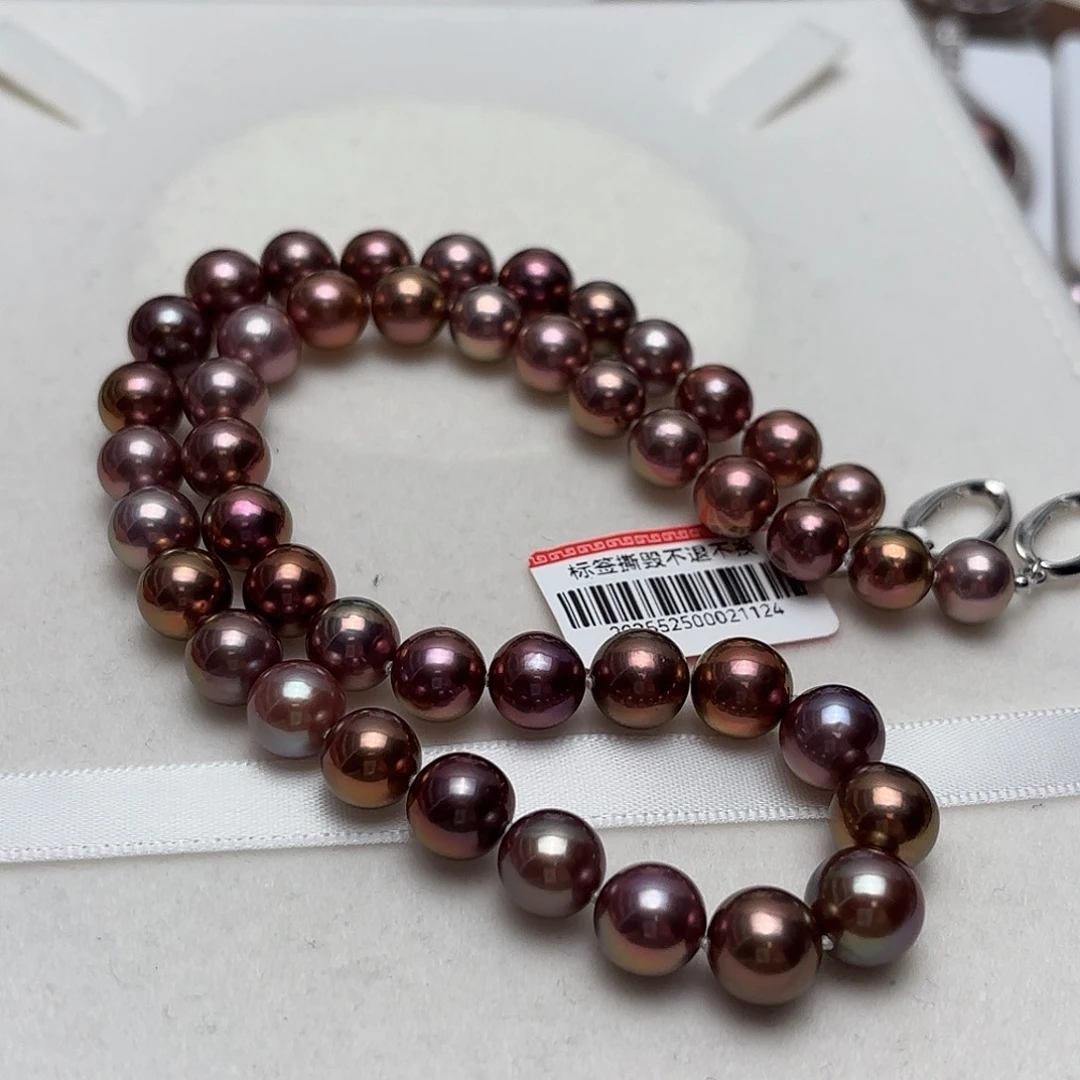 银S925镶嵌颈饰淡水珍珠8-10正圆拉菲酒红糖果