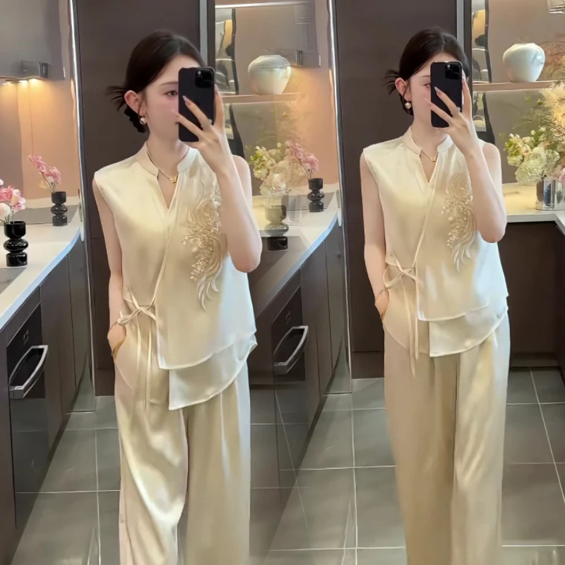 新中式国风女装2025新款绝美高级感盘扣短袖小衫上衣裤子两件套装