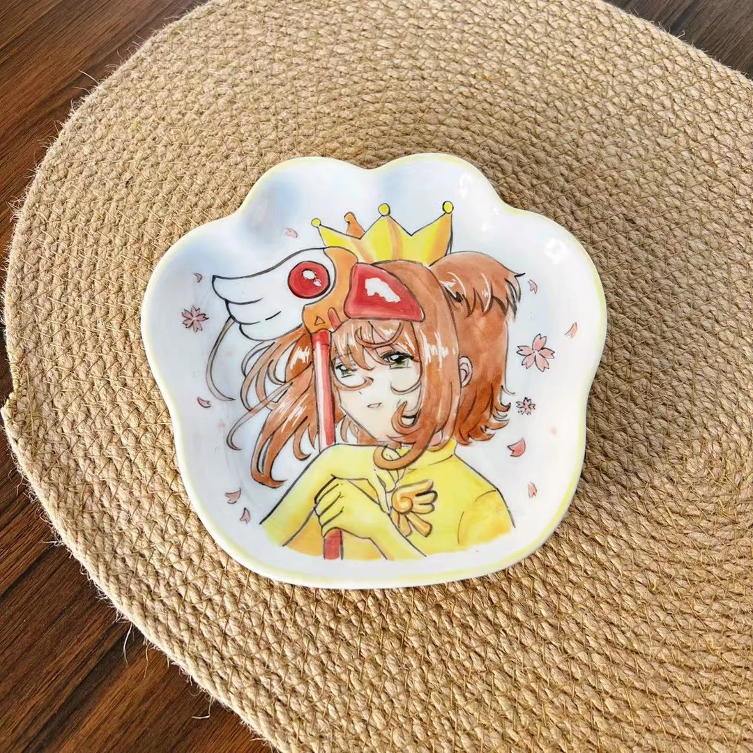 【直播-不带盒子】高温釉下彩中号猫爪盘可爱手绘手工盘子195