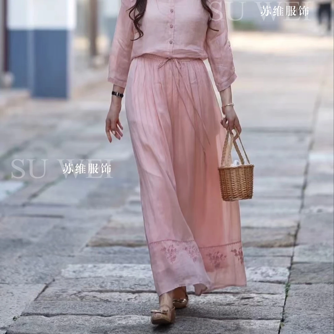 93091双层苎麻阔腿女夏宽松休闲半裙大码女装