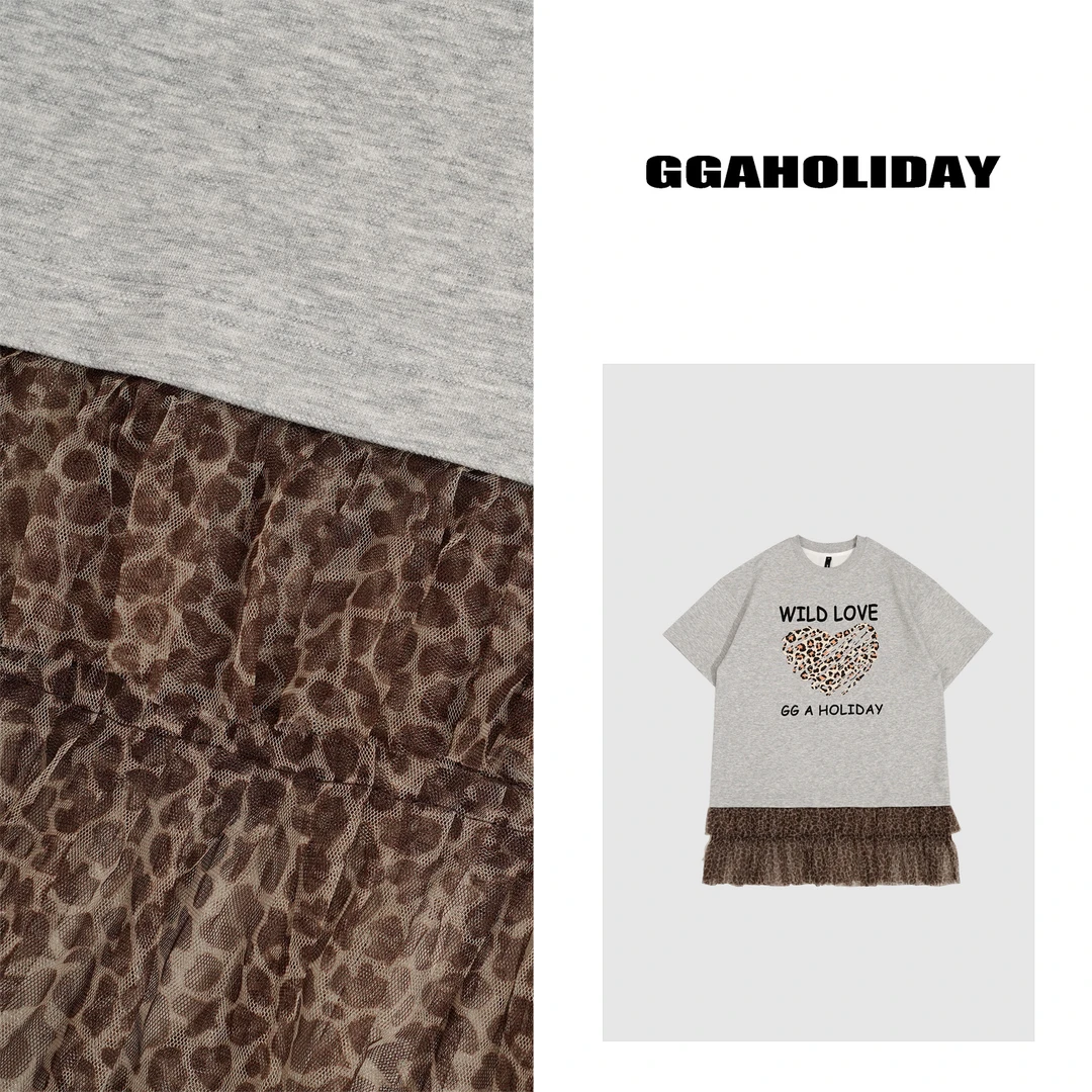 【上新】GGAHOLIDAY美式休闲复古宽松豹纹网纱拼接短袖连衣裙152420