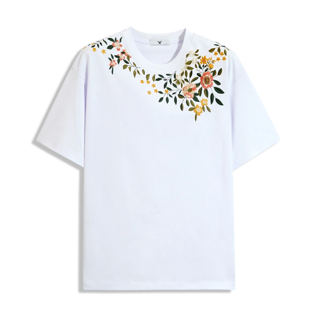 2025夏季新款山茶花卉设计重磅刺绣高棉感男女同款时尚圆领短袖