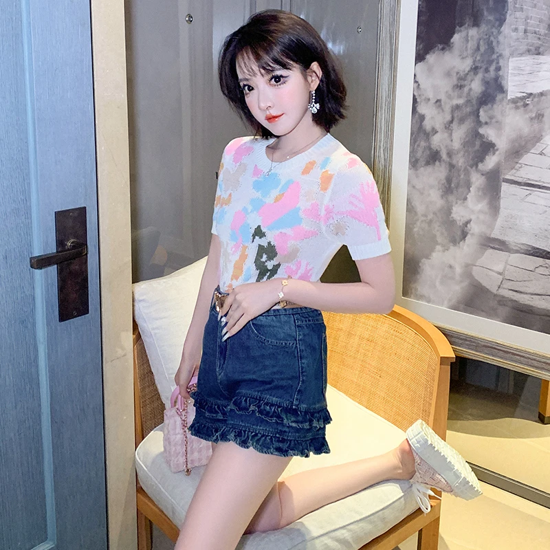 MIUCO彩色提花螺纹圆领针织T恤T7726