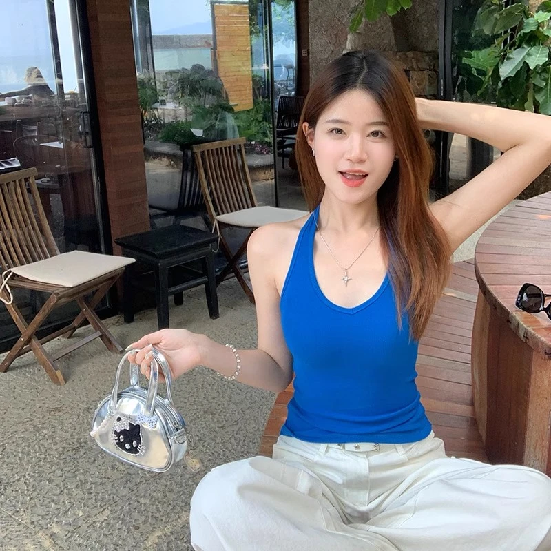 夏季修身挂脖吊带外穿2025新款辣妹背心内搭穿搭蓝色V领显瘦上衣