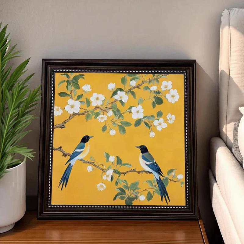 手工砂岩喜上眉梢中古风客厅装饰画玄关法式卧室床头挂画6060