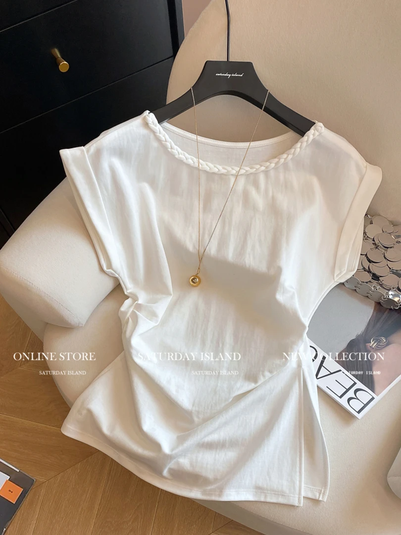 2025夏季新款白色简约领口编织坎肩短袖T恤女褶皱修身显瘦薄上衣
