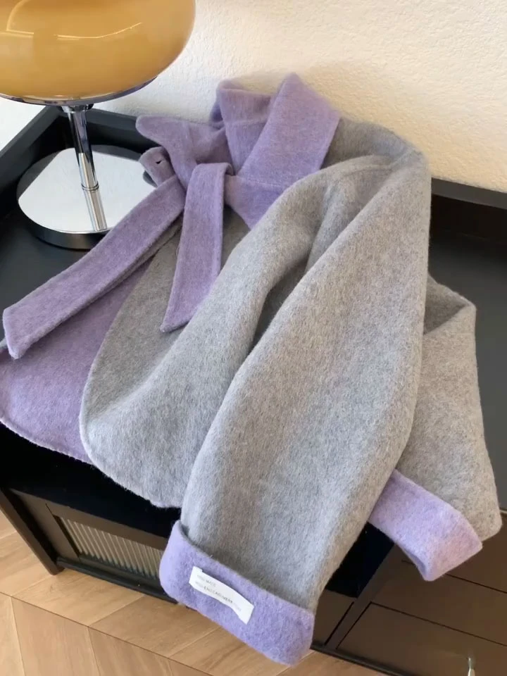 韩版复古撞色娃娃领短款外套女秋冬季新款设计感小众系带毛呢上衣