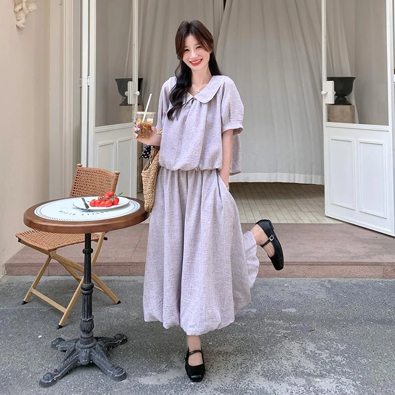 娃娃领紫色短袖半身裙两件套女夏季巨好看减龄洋气大方得体一整套