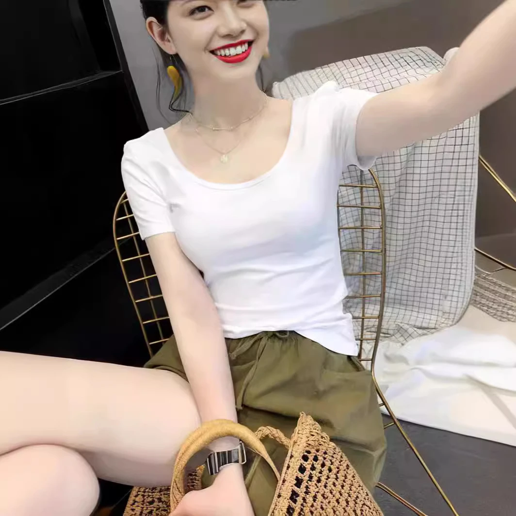 夏季百搭时尚显瘦韩版休闲小众ins洋气圆领T恤女网红纯色修身短袖