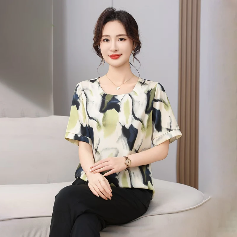 新款妈妈装圆领水墨晕染短袖上衣MY
