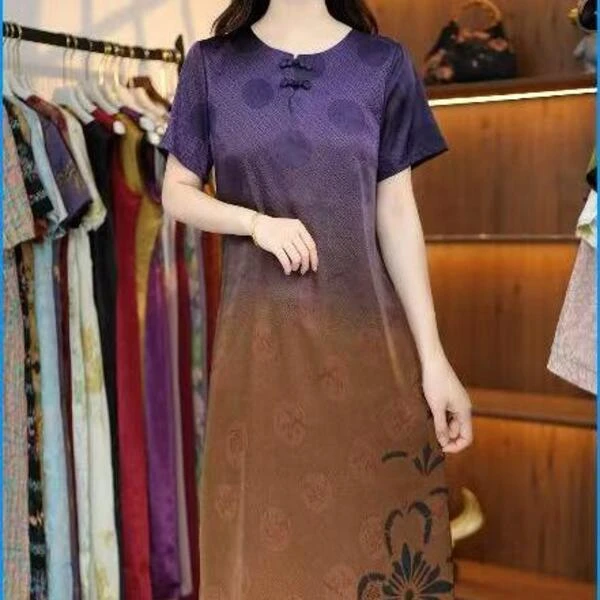 新款紫色扎染圆领盘扣短袖连衣裙3027改良旗袍连衣裙
