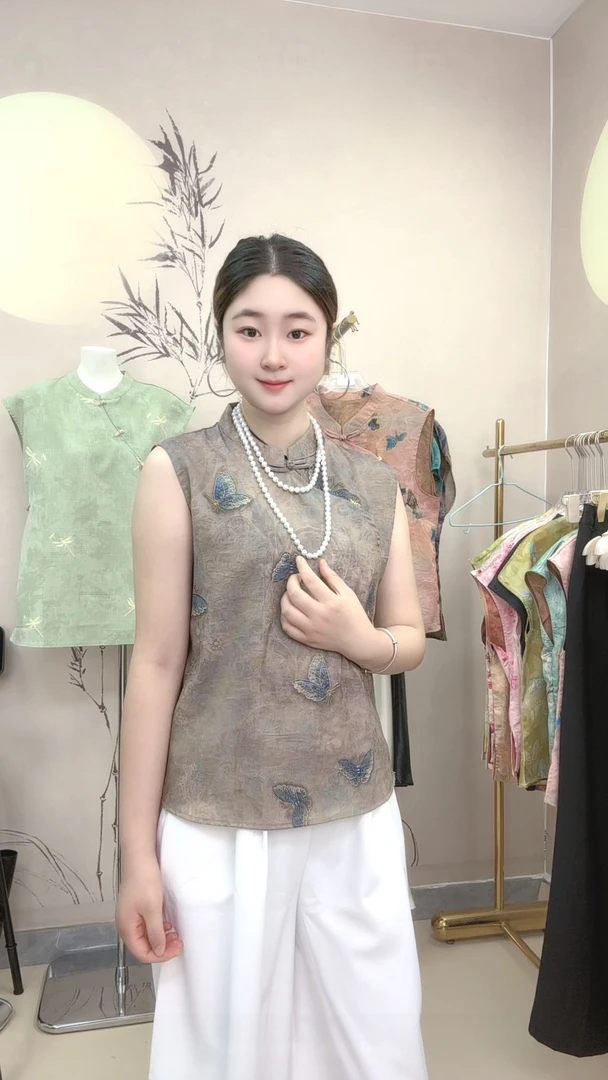 【蓝锦蝶】（凉快-很仙）新中式夏季中国风背心上衣女 文艺斜襟小衫